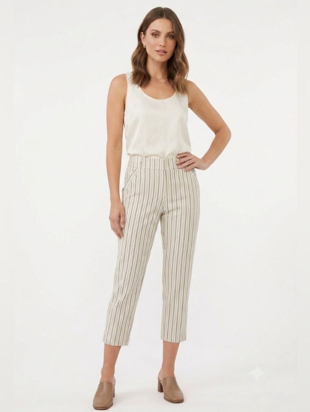 Soho Apparel White and Brown Vertical Stripe Cropped Pants - Picture 10 of 10